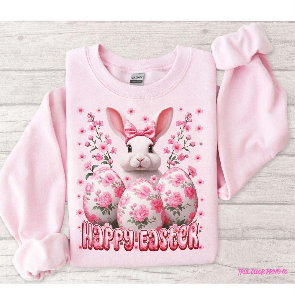 Gildan Pink Crew Neck Sweater with Bunny Graphic
